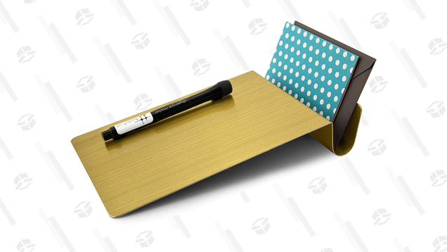 Three By Three Seattle’s Desktop Dry Erase To-Do Board sits on your desk, rather than attaching to your wall, but has a curved area for holding mail or photos. Its golden hue also looks a bit more sophisticated than your typical whiteboard white.